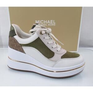 Michael Kors Emmy Wedge Trainer Lace Up Sneakers Leather Husk Multi